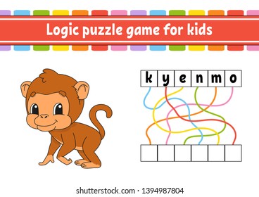 Logic puzzle game. Learning words for kids. Find the hidden name. Education developing worksheet. Activity page for study English. Game for children. Isolated vector illustration. Cartoon style.
