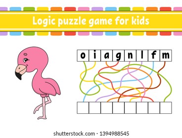 Logic puzzle game. Learning words for kids. Find the hidden name. Education developing worksheet. Activity page for study English. Game for children. Isolated vector illustration. Cartoon style.