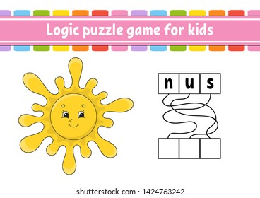 Logic puzzle game. Learning words for kids. Find the hidden name. Education developing worksheet. Activity page for study English. Game for children. Isolated vector illustration. Cartoon style.