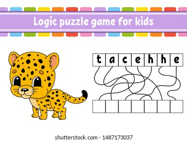 Logic puzzle game. Learning words for kids. Find the hidden name. Education developing worksheet. Activity page for study English. Game for children. Isolated vector illustration. Cartoon style.