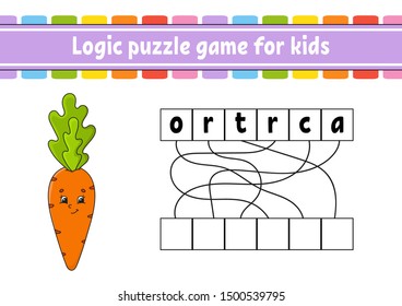 Logic puzzle game. Learning words for kids. Find the hidden name. Education developing worksheet. Activity page for study English. Game for children. Isolated vector illustration. Cartoon character.