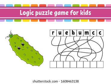 Logic puzzle game. Learning words for kids. Vegetable cucumber. Find the hidden name. Worksheet, Activity page. English game. Isolated vector illustration. Cartoon character.