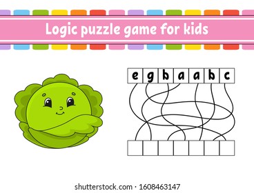 Logic puzzle game. Learning words for kids. Vegetable cabbage. Find the hidden name. Worksheet, Activity page. English game. Isolated vector illustration. Cartoon character.