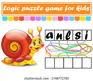 Logic puzzle game. Learning words for kids. Find the hidden name. Education developing worksheet. Activity page for study English. Game for children. Isolated vector illustration. Cartoon style