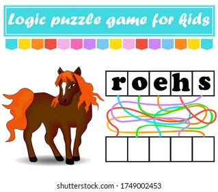 Logikpuzzle-Spiel. Wörter für Kinder lernen. Finden Sie den versteckten Namen. Arbeitsblatt für die Erziehung. Aktivitätsseite für Englisch lernen. Spiel für Kinder. Einzige Vektorgrafik. Cartoon-Stil
