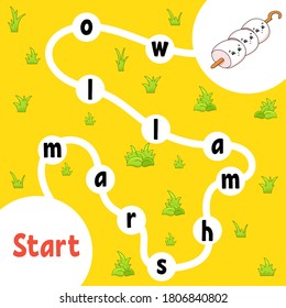 Logic puzzle game. Learning words for kids. Find the hidden name. Education developing worksheet. Activity page for study English. Isolated vector illustration. Cartoon style.