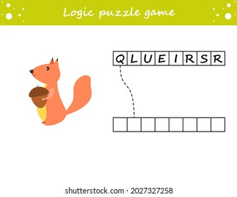 Logic puzzle game. Learning words for kids. Find the hidden name. Activity page for study English. Game for children. Vector illustration.