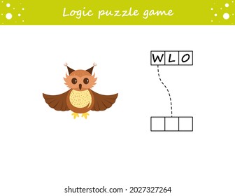 Logic puzzle game. Learning words for kids. Find the hidden name.  Activity page for study English. Game for children. Vector illustration. Cartoon style.