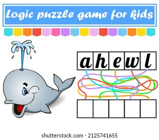 Logic puzzle game. Learning words for kids. Find the hidden name. Education developing worksheet. Activity page for study English. Game for children. Cartoon style. Whale 