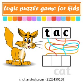 Logic puzzle game. Learning words for kids. Find the hidden name. Education developing worksheet. Activity page for study English. Game for children. Isolated vector illustration. Cartoon style cat 