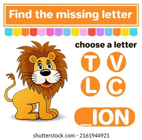 Logic puzzle game. Learning words for kids. Find the missing letter. Educational worksheet. Activity page for learning English. Game for children. Isolated vector illustration. cartoon style