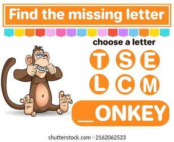 Logic puzzle game. Learning words for kids. Find the missing letter. Educational worksheet. Activity page for learning English. Game for children. Isolated vector illustration. Cartoon style. A monkey