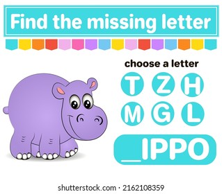 Logic puzzle game. Learning words for kids. Find the missing letter. Educational worksheet. Activity page for learning English. Game for children. Isolated vector illustration. Cartoon style. Hippo