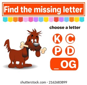 Logic puzzle game. Learning words for kids. Find the hidden name. Education developing worksheet. Activity page for study English. Game for children. Isolated vector illustration. Cartoon style dog 