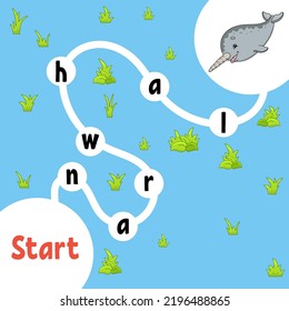 Logic puzzle game. Learning words for kids. Find the hidden name. Education developing worksheet. Activity page for study English. Isolated vector illustration. cartoon style.