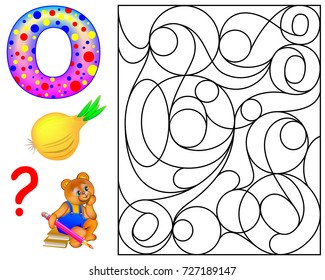 Logic puzzle game with letter O for study English. Find and paint 5 letters O. Vector image.