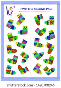Logic puzzle game for little children. Need to find the second pair of each sock and join them by drawing lines. Educational page for kids. Printable worksheet for baby book. Back to school.