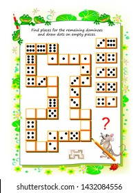 Logic puzzle game for little children. Need to find places for the remaining dominoes and draw dots on empty pieces. Educational page for kids. Printable worksheet for baby book. Back to school.