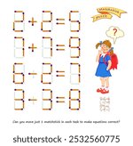 Logic puzzle game with matches. Can you move just 1 matchstick in each task to make equations correct? Exercises on addition and subtraction. Brain teaser for developing spatial thinking. Vector image