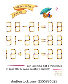 Logic puzzle game with matches. Can you move just 1 matchstick in each task to make equations correct? Exercises on addition and subtraction. Brain teaser for developing spatial thinking. Vector image