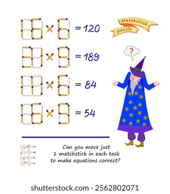 Logic puzzle game with matches. Can you move just 1 matchstick in each task to make equations correct? Exercises on multiplication. Brain teaser for developing spatial thinking. Vector image