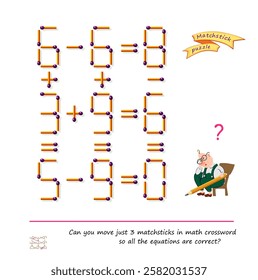 Logic puzzle game with matches. Can you move just 3 matchsticks in math crossword so all the equations are correct? Brain teaser book. Develop spatial thinking. Mathematical exercises. Vector image