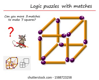 Logic puzzle game with matches for children and adults. Can you move 2 matchsticks to make 7 squares? Printable page for brain teaser book. IQ training test. Developing spatial thinking skills.