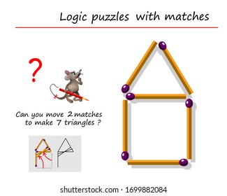 Logic puzzle game with matches for children and adults. Can you move 2 matchsticks to make 7 triangles? Printable page for brain teaser book. IQ training test. Developing spatial thinking skills.