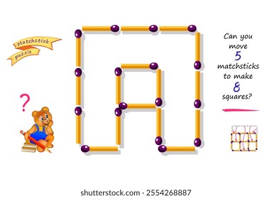 Logic puzzle game with matches for children and adults. Can you move 5 matchsticks to make 8 squares? Printable page for brain teaser book. IQ training test. Developing spatial thinking skills.