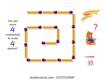 Logic puzzle game with matches for children and adults. Can you move 4 matchsticks to make 4 squares? Printable page for brain teaser book. IQ training test. Developing spatial thinking skills.