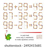 Logic puzzle game with matches. In each task move only 1 matchstick to make equations correct. Math tasks on addition and subtraction. Brain teaser book. Play online. Vector illustration.