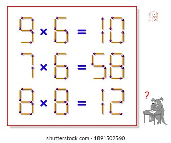 Logic puzzle game with matches. In each task move only 1 matchstick to make equations correct. Math tasks on multiplication. Page for brain teaser book. Play online. Memory training for seniors.