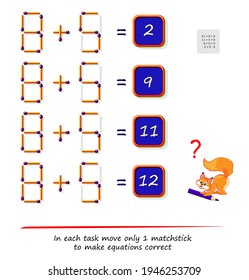 Logic puzzle game with matches. In each task move only 1 matchstick to make equations correct. Math tasks on addition and subtraction. Brain teaser book. Play online. Memory training for seniors.