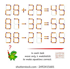 Logic puzzle game with matches. In each task move only 1 matchstick to make equations correct. Math tasks on addition and subtraction. Brain teaser book. Play online. Vector illustration.