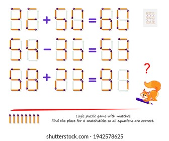 Logic puzzle game with matches. Find the place for 8 matchsticks so all equations are correct. Math tasks on addition and subtraction. Brain teaser book. Play online. Memory training for seniors.