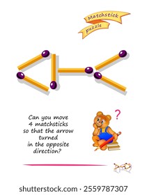 Logic puzzle game with matches for smartest. Can you move 4 matchsticks so that the arrow turned in the opposite direction? Page for brain teaser book. Developing spatial thinking skills. Vector image