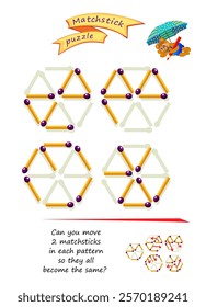 Logic puzzle game with matches for smartest. Can you move 2 matchsticks in each pattern so they all become the same? Page for brain teaser book. Developing spatial thinking skills. Vector illustration