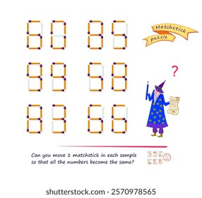 Logic puzzle game with matches for smartest. Can you move 1 matchstick in each sample so that all the numbers become the same? Page for brain teaser book. Develop spatial thinking skills. Vector image