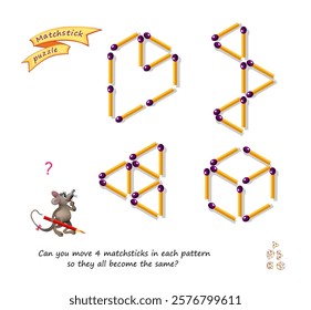 Logic puzzle game with matches for smartest. Can you move 4 matchsticks in each pattern so they all become the same? Page for brain teaser book. Developing spatial thinking. Vector illustration.