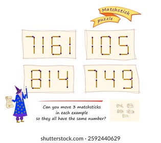 Logic puzzle game with matches for smartest. Can you move 3 matchsticks in each example so they all have the same number? Page for brain teaser book. Developing spatial thinking. Vector illustration.