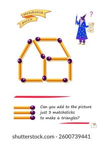 Logic puzzle game with matches for smartest. Can you add to the picture just 3 matchsticks to make 6 triangles? Page for brain teaser book. Developing spatial thinking skills. Vector illustration.