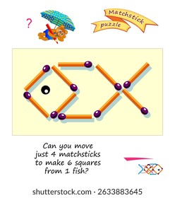 Logic puzzle game with matches for smartest. Can you move just 4 matchsticks to make 6 squares from 1 fish? Page for brain teaser book. Developing spatial thinking skills. Vector illustration.