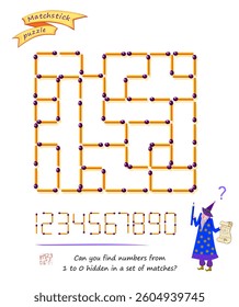 Logic puzzle game with matchsticks for smartest. Can you find numbers from 1 to 0 hidden in a set of matches? Page for brain teaser book. Developing spatial thinking skills. Vector illustration.