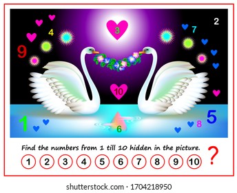 Logic puzzle game. Math education for young children. Find the numbers from 1 till 10 hidden in the picture. Developing counting skills. IQ test. Printable worksheet for kids book. Back to school.