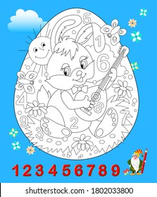Logic puzzle game. Math education for young children. Find the numbers from 1 to 9 hidden in the picture and paint them. Coloring book. Developing counting skills. IQ test. Kids activity sheet.