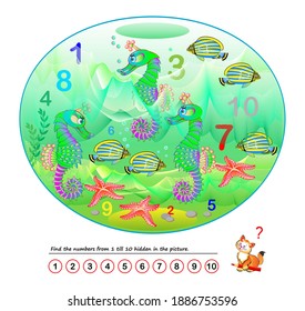 Juego de rompecabezas lógico. Educación matemática para niños pequeños. Encuentra los números de 1 a 10 ocultos en la imagen. Desarrollando habilidades de conteo. Prueba de CI. Juega en línea. Hoja de trabajo para niños.