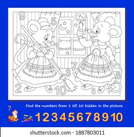 Logic puzzle game. Math education for young children. Find the numbers from 1 to 10 hidden in the picture and paint them. Coloring book. Developing counting skills. IQ test. Worksheet for kids.