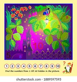 Logic puzzle game. Math education for young children. Find the numbers from 1 to 10 hidden in the picture. Developing counting skills. IQ test. Play online. Worksheet for kids.
