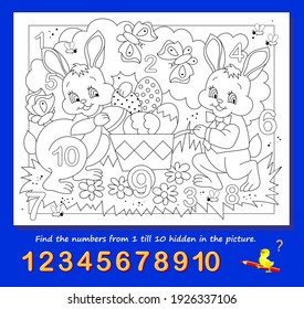 Logic puzzle game. Math education for young children. Find the numbers from 1 to 10 hidden in the picture and paint them. Coloring book. Developing counting skills. IQ test. Worksheet for kids.