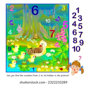 Logic puzzle game. Math education for young children. Can you find the numbers from 1 to 10 hidden in the picture? Developing counting skills. IQ test. Play online. Printable worksheet for kids.